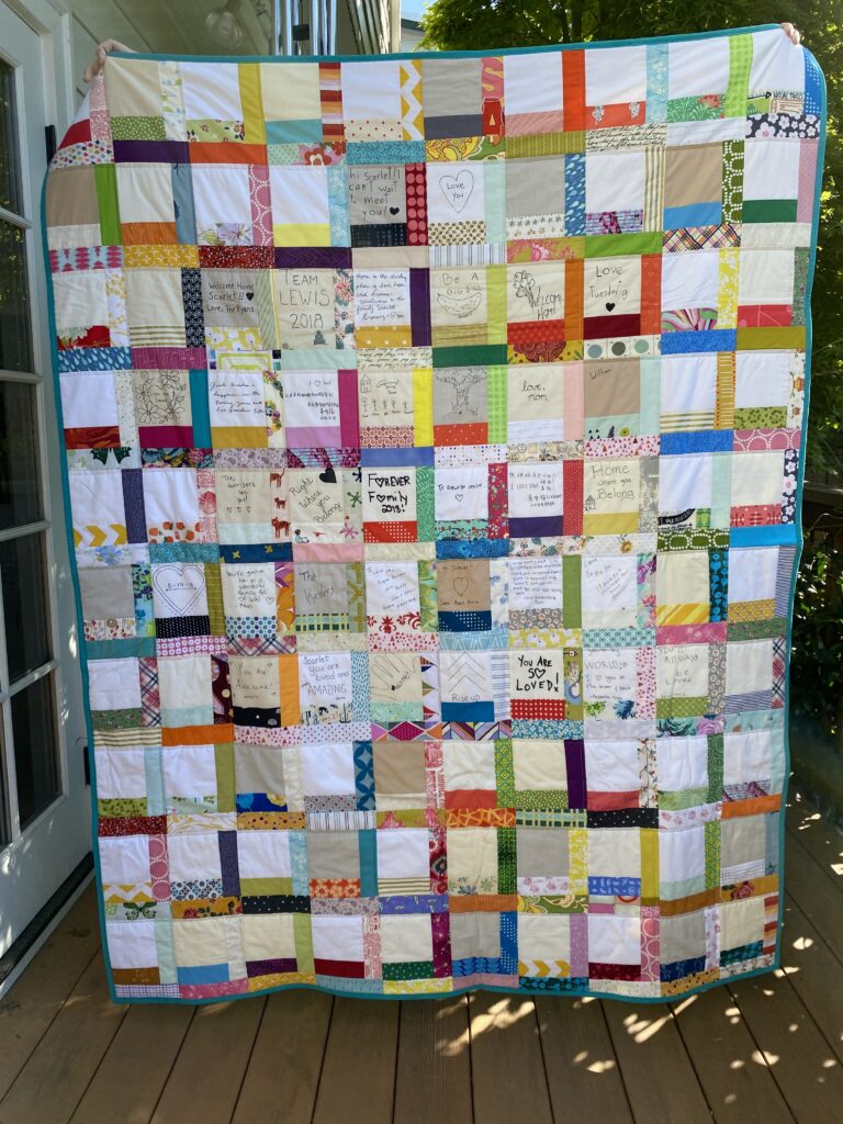 Colorful Handmade Adoption Quilt with Signed Message Squares