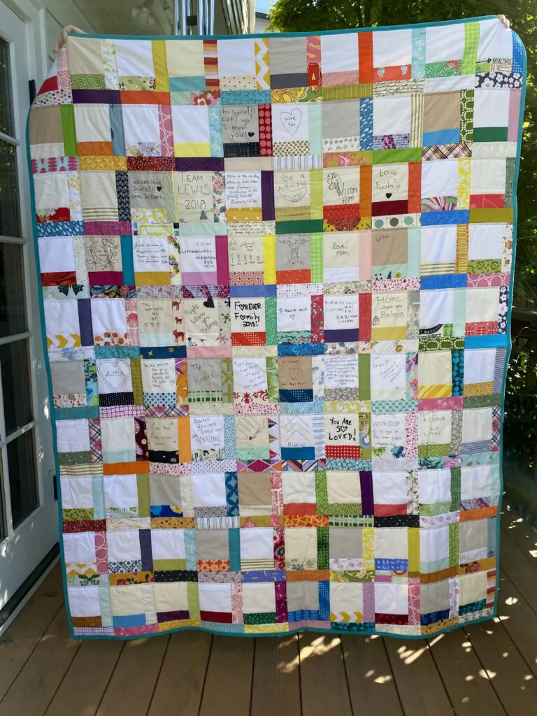 Colorful Handmade Adoption Quilt with Signed Message Squares