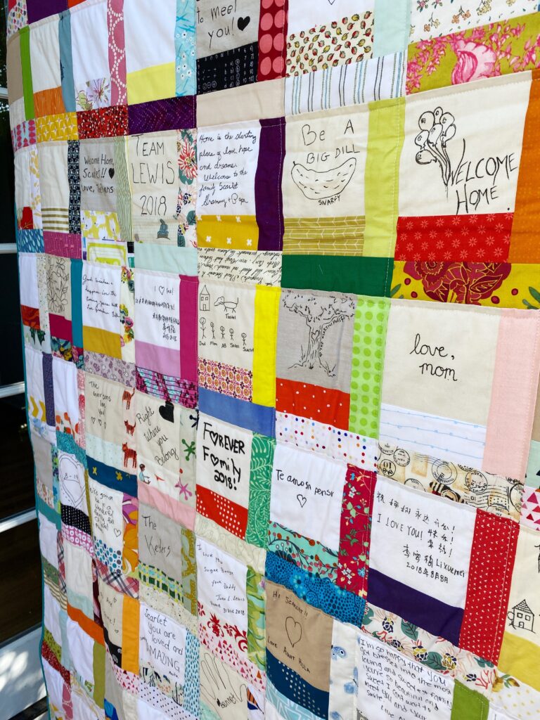 Colorful Handwritten Patchwork Adoption Quilt with Messages