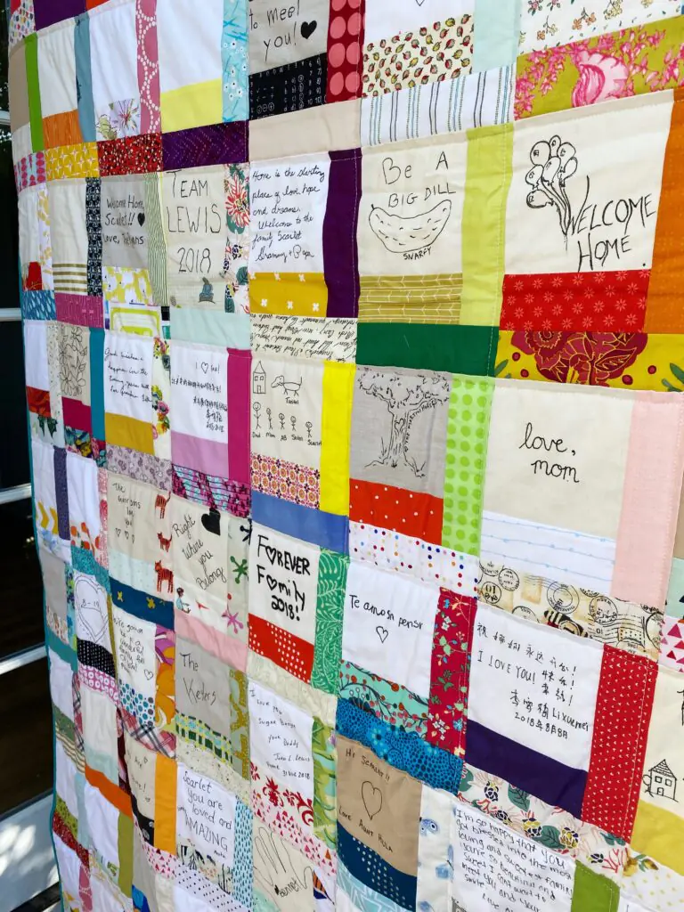 Colorful Handwritten Patchwork Adoption Quilt with Messages