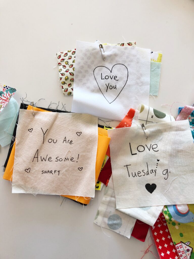 Adoption Quilt Patchwork: Handwritten "Love You" Fabric Squares